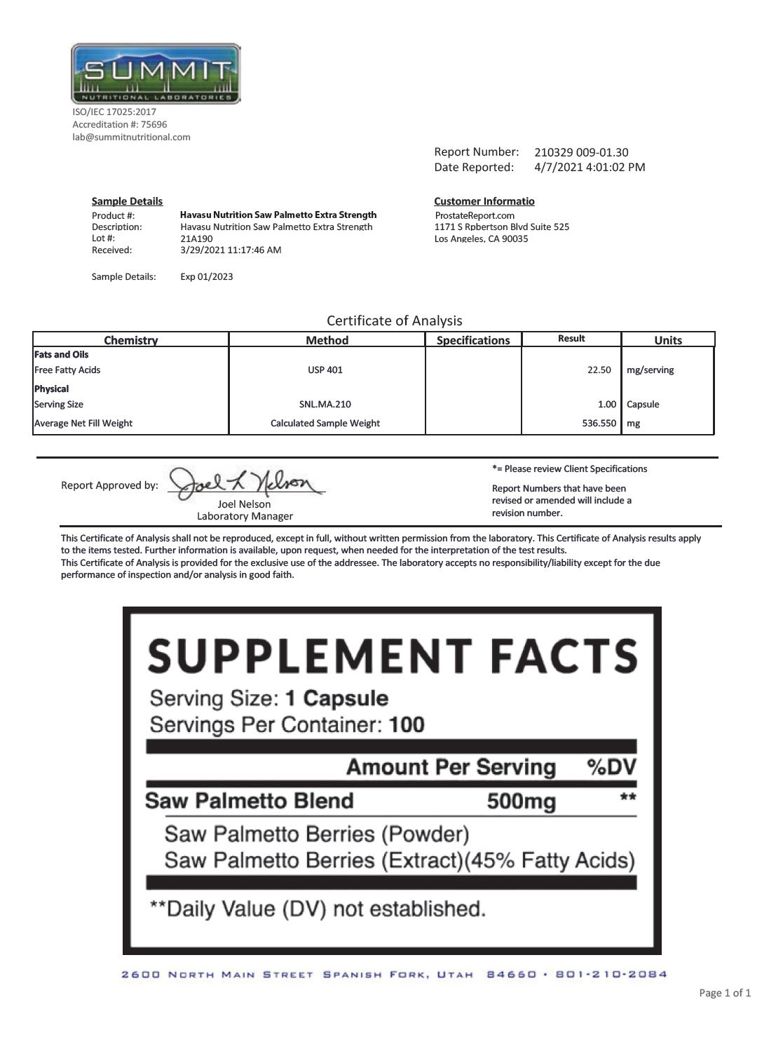 lab report: Havasu Nutrition Saw Palmetto