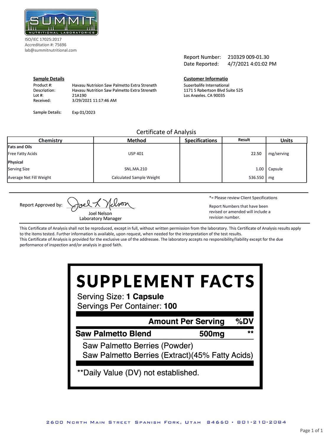 lab report: Havasu Saw Palmetto