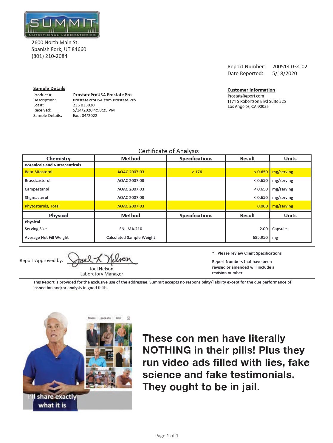 lab report: Prostate Pro USA