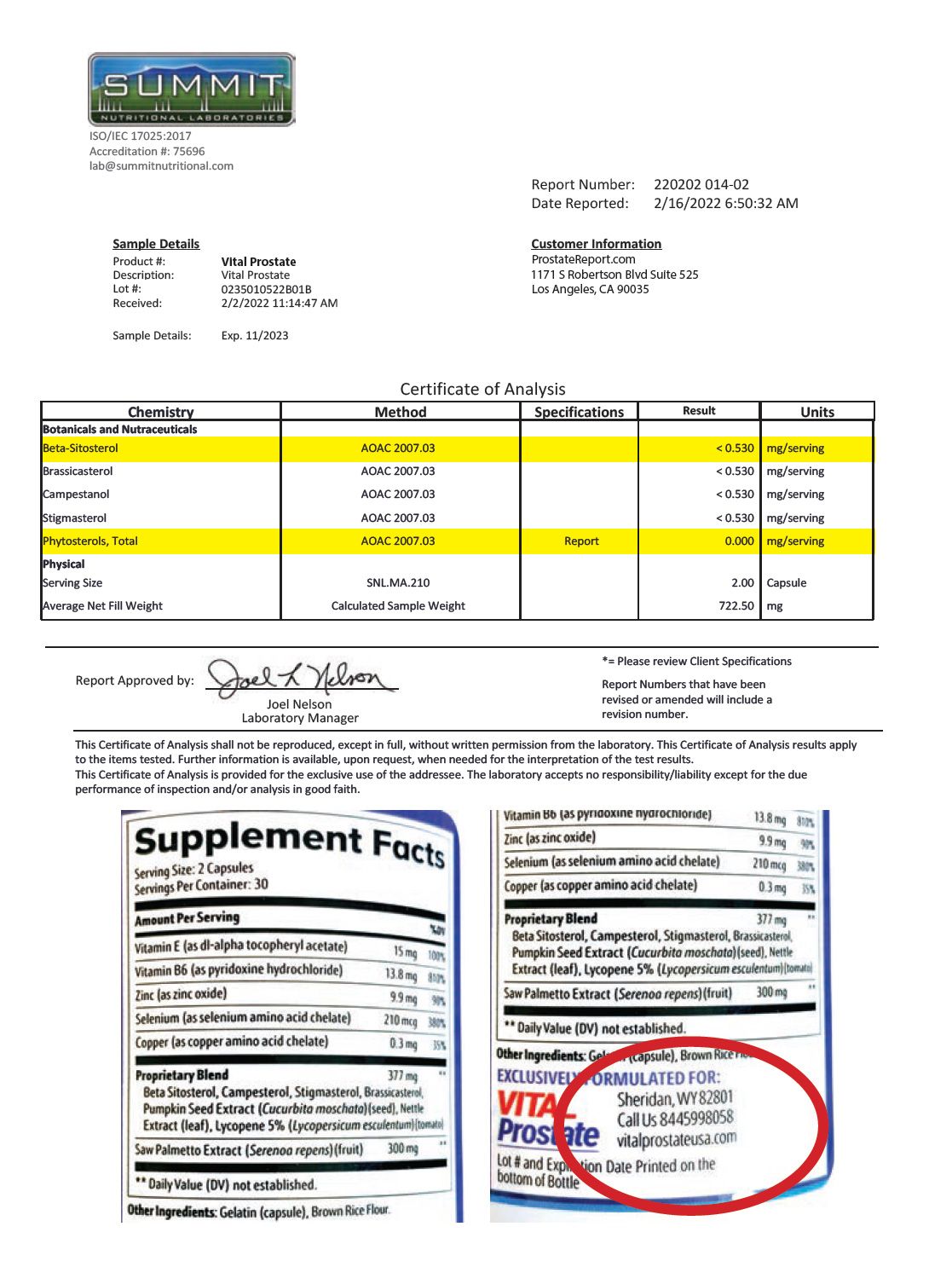 lab report: Vital Prostate