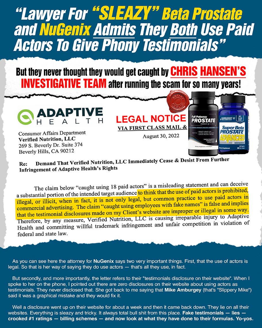 lawyer for sleazy Beta Prostate and Nugenix admits they both use paid actors to give phony testimonials