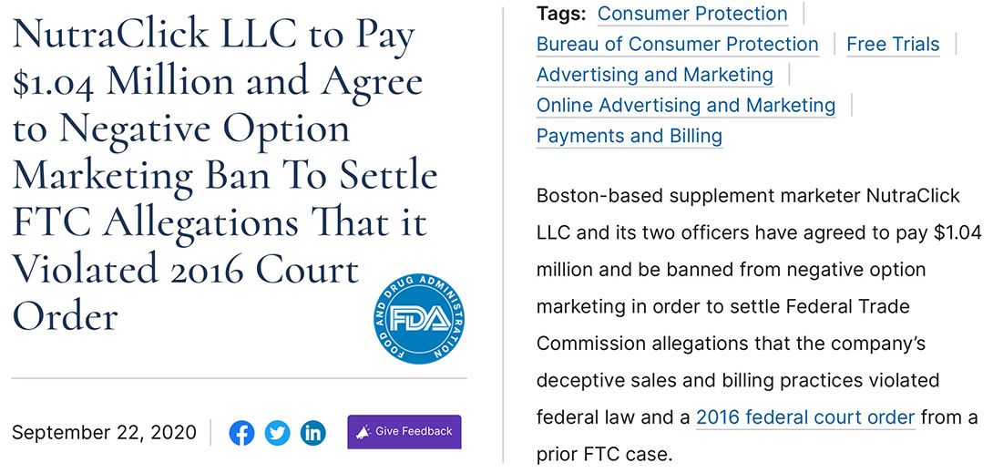 NutraClick LLC to pay over a million dollars and agree to negative option marketing ban to settle FTC allegations that it violated 2016 court order