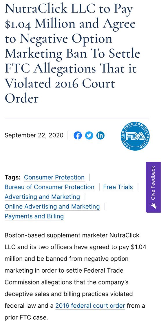 NutraClick LLC to pay over a million dollars and agree to negative option marketing ban to settle FTC allegations that it violated 2016 court order