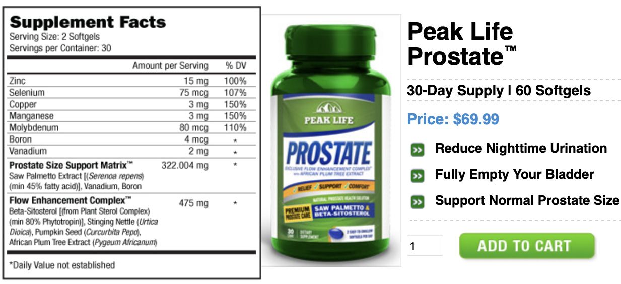 Peak Life Prostate - bottle and supplement facts