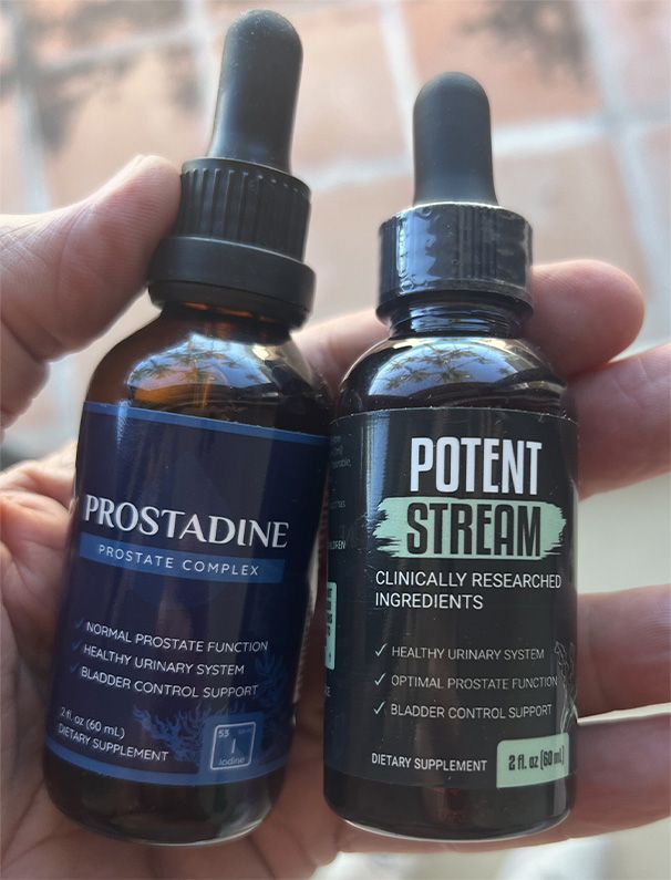 Potent Stream and Prostadine bottles front view