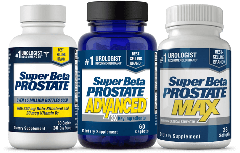 three different versions of the Super Beta Prostate product bottle, regular, advanced and max